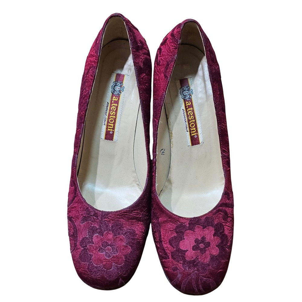 A. Testoni Pumps Women‎ 8 Burgundy Devore Velvet Floral Block Heel Good Italy